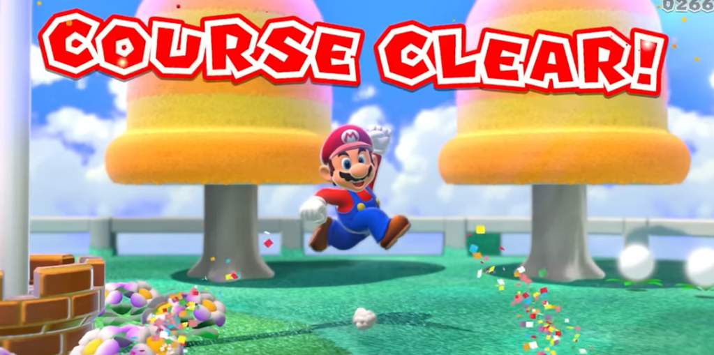 Mario completes a course in Mario 3D World