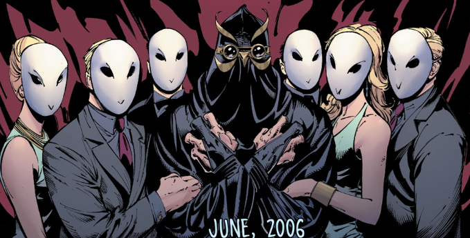 A group of wealthy Court of Owls members pose for a photo with their assassin, The Talon