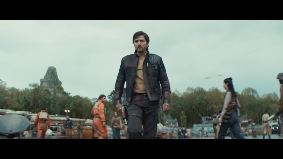 Cassian walks through the Yavin base during the Andor finale.
