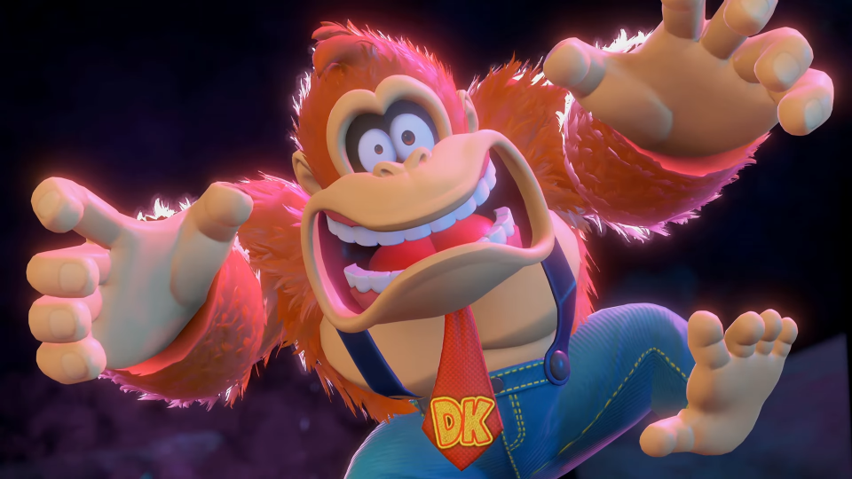 Donkey Kong with a suprised look in new trailer for Donkey Kong Bananza