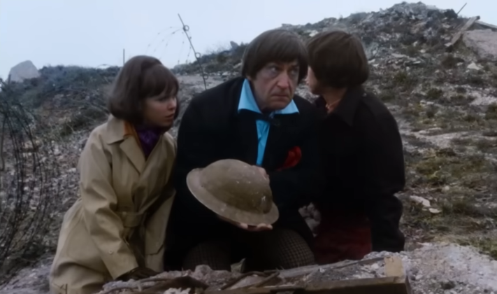 The Second Doctor and companions Jamie and Zoey in the colourisation of Doctor Who: The War Games