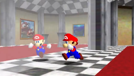 Mario runs past a mirror in Mario 64